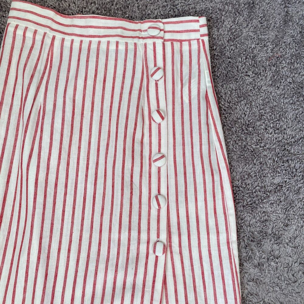 Forever 21 Red White Striped Linen Blend Side Button Midi Skirt Size Small - Picture 2 of 5